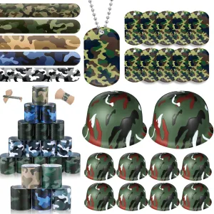 140 Pcs Army Accessories for Kids 100 Camo Slap Bracelets 20 Plastic Army Helmet 20 Camouflage Dog Tags with Beaded Chains for Kids Adults Camo Theme Party Birthday Decorations