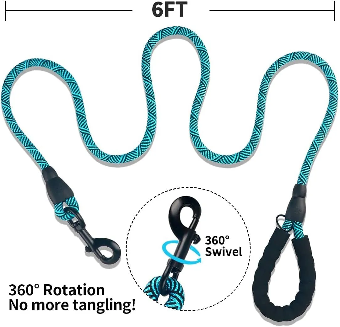 2 Pack Dog Leash 6 FT Thick Durable Nylon Rope - Comfortable Padded Handle Rope Dog Leash for Medium Large Dogs with Collapsible Pet Bowl and Garbage Bags (Non-Reflective 6FT- Black Blue)