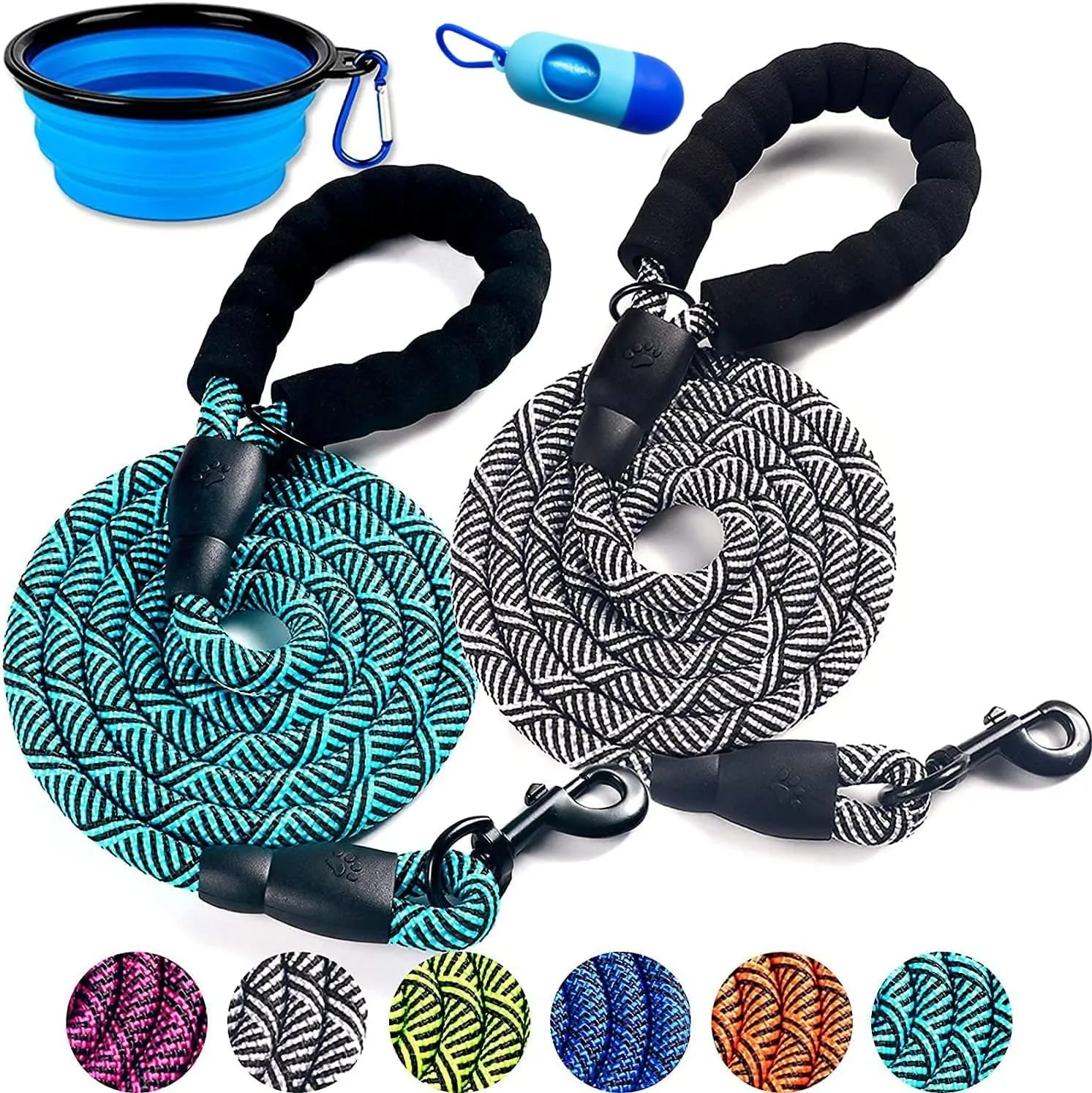 2 Pack Dog Leash 6 FT Thick Durable Nylon Rope - Comfortable Padded Handle Rope Dog Leash for Medium Large Dogs with Collapsible Pet Bowl and Garbage Bags (Non-Reflective 6FT- Black Blue)