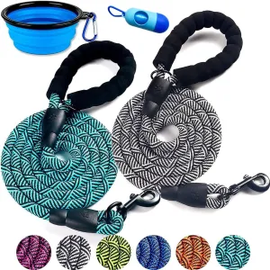 2 Pack Dog Leash 6 FT Thick Durable Nylon Rope - Comfortable Padded Handle Rope Dog Leash for Medium Large Dogs with Collapsible Pet Bowl and Garbage Bags (Non-Reflective 6FT- Black Blue)