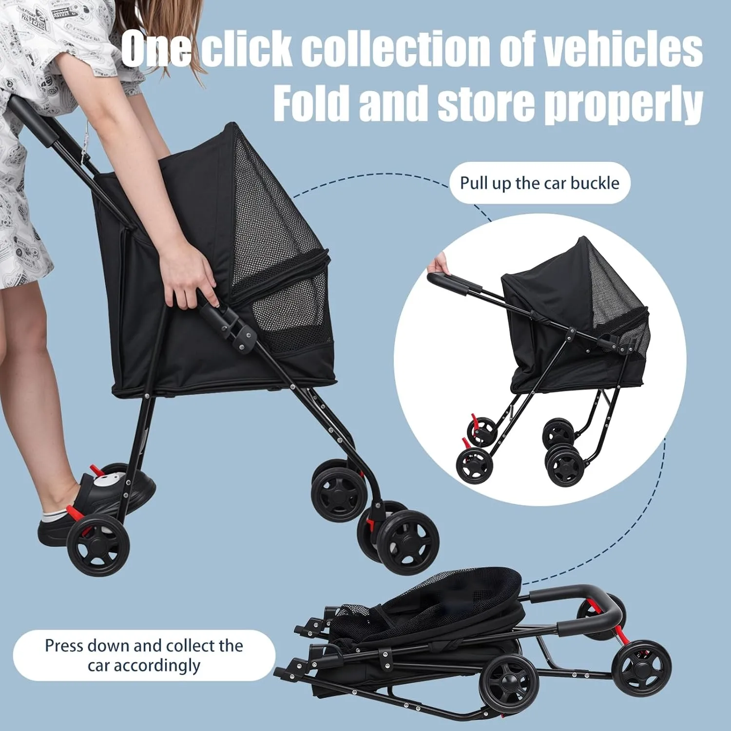 4 Wheels Pet Stroller Dog Cat Cage Jogger Stroller for Medium Small Dogs Cats Travel, Foldable Pet Stroller with Sun Cover Breathable and Visible Mesh for All-Season Black