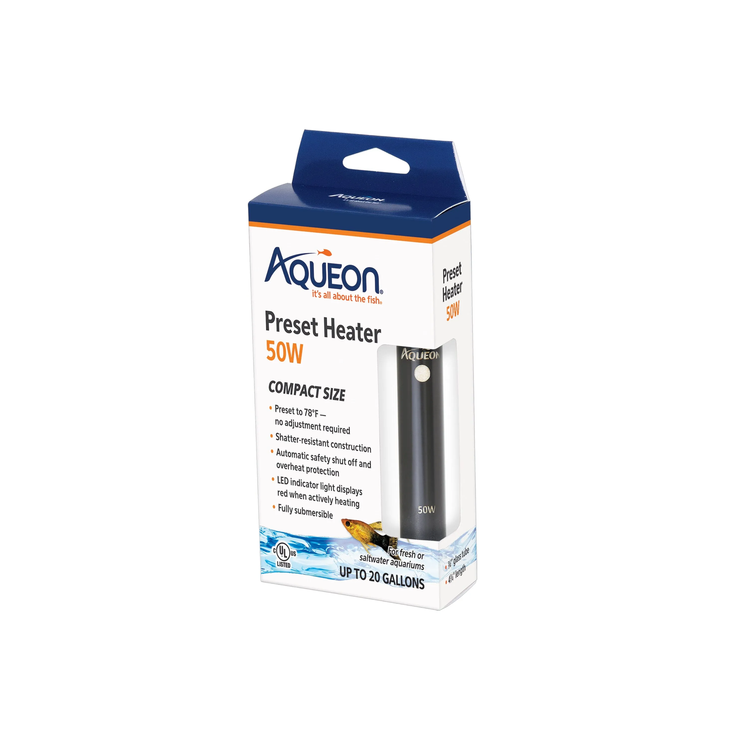 Aqueon Preset Aquarium Heater - Black - Up To 20 gal - 50 W