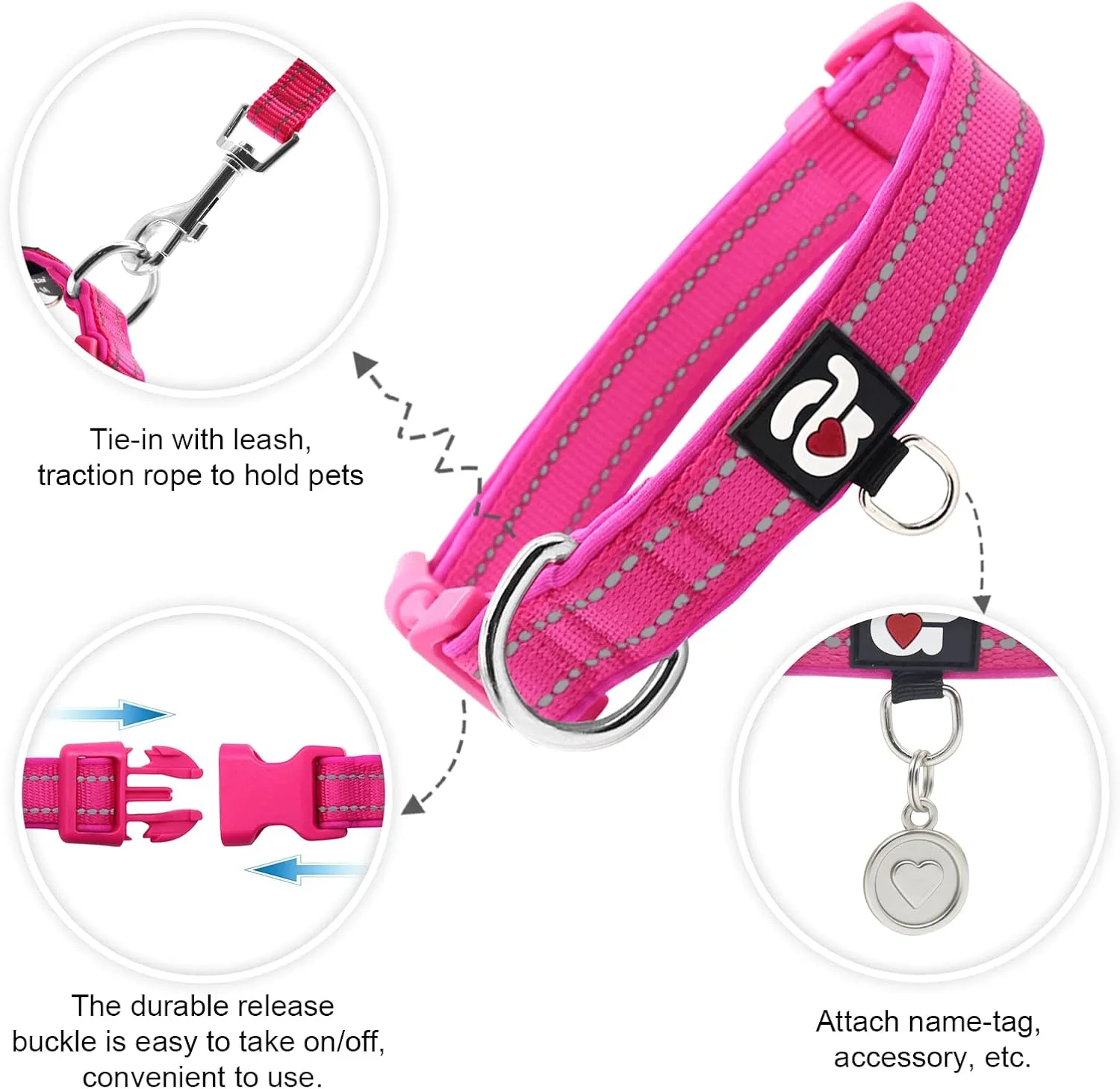 azuza Reflective Dog Collar,Soft Neoprene Padded Pet Collar with ID Tag Ring,Adjustable for Small Dogs,Hot Pink,S