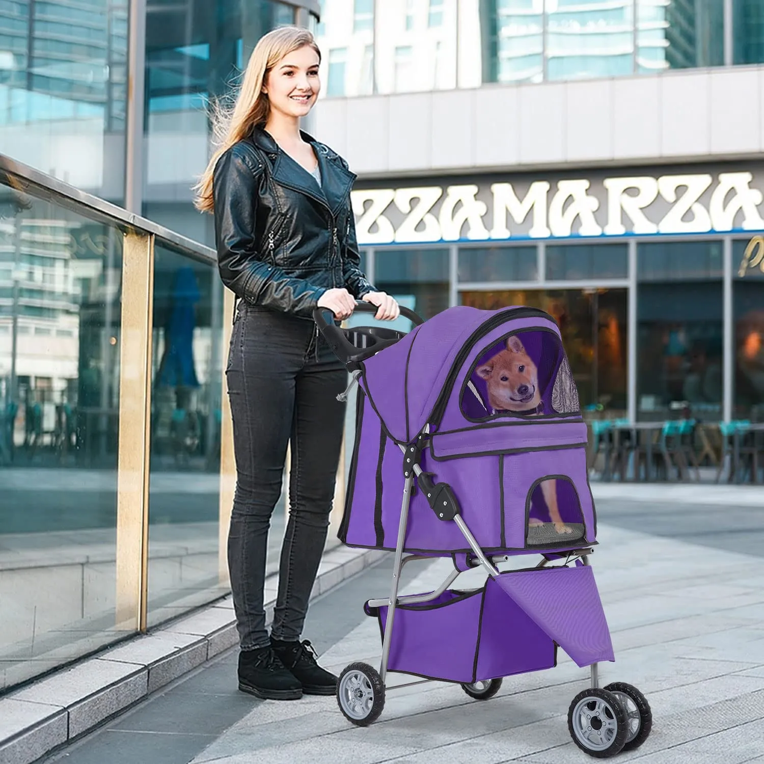 BestPet 3 Wheels Pet Stroller Dog Stroller Cat Cage Jogger Stroller Cats Travel Folding Carrier Waterproof Puppy Stroller with Cup Holder & Removable Liner (Purple)