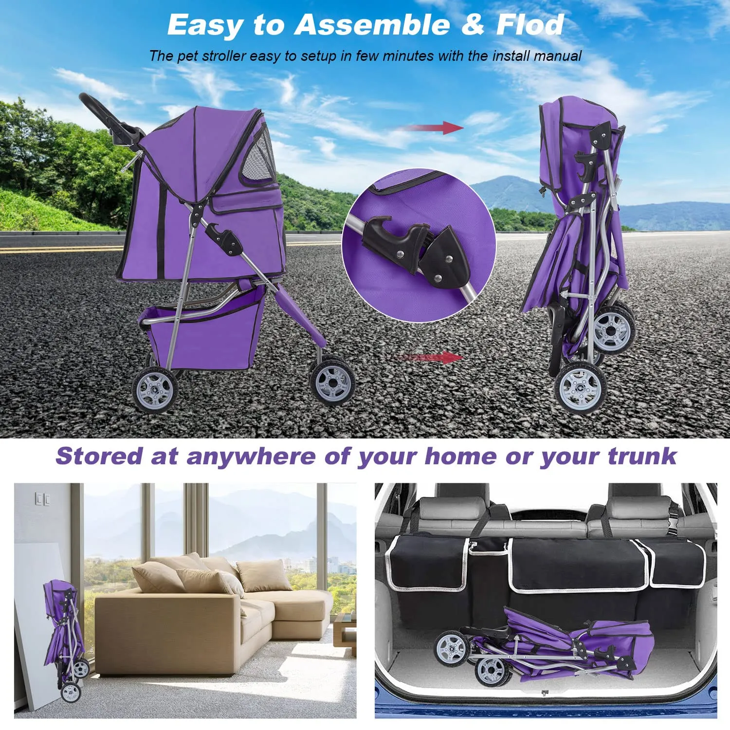 BestPet 3 Wheels Pet Stroller Dog Stroller Cat Cage Jogger Stroller Cats Travel Folding Carrier Waterproof Puppy Stroller with Cup Holder & Removable Liner (Purple)