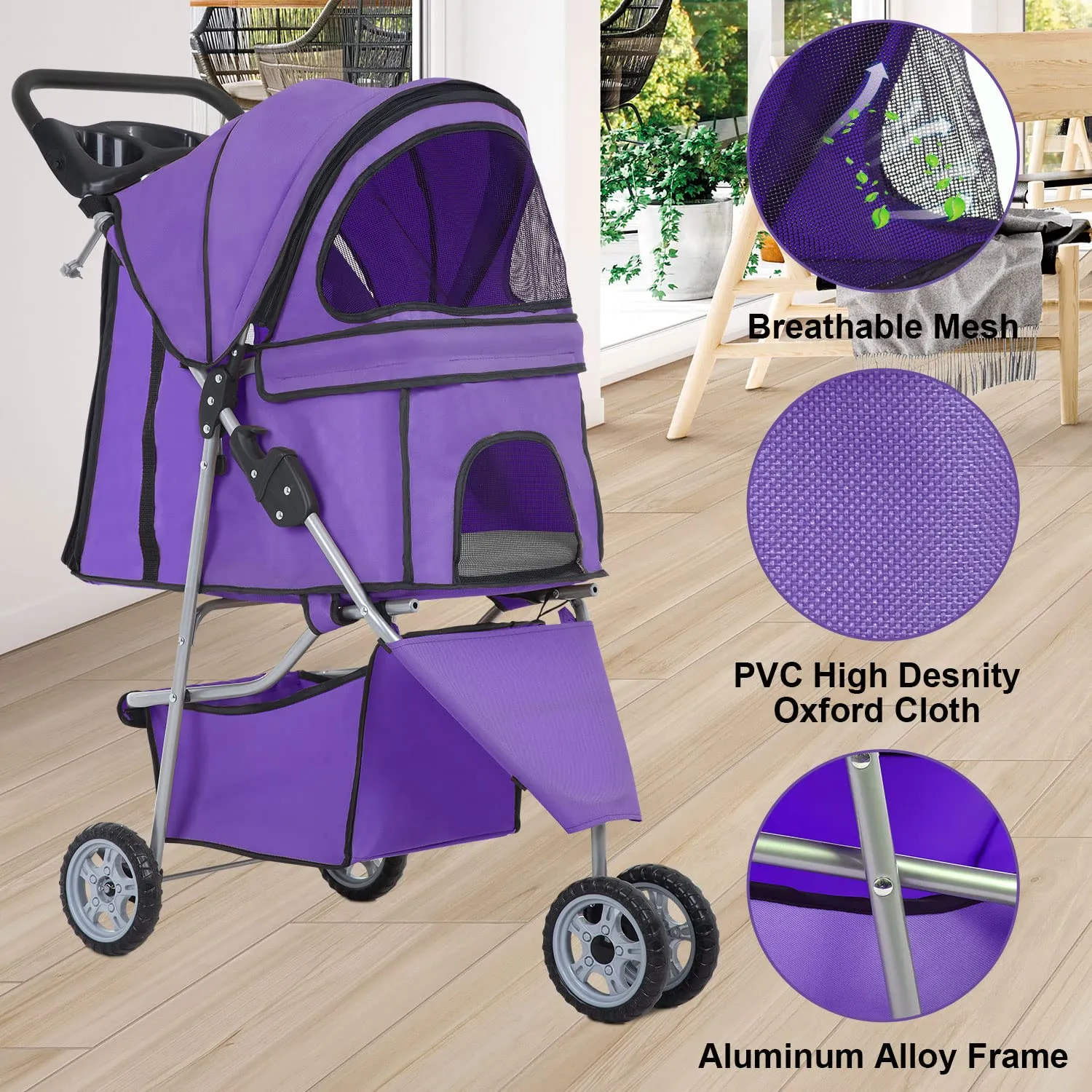 BestPet 3 Wheels Pet Stroller Dog Stroller Cat Cage Jogger Stroller Cats Travel Folding Carrier Waterproof Puppy Stroller with Cup Holder & Removable Liner (Purple)