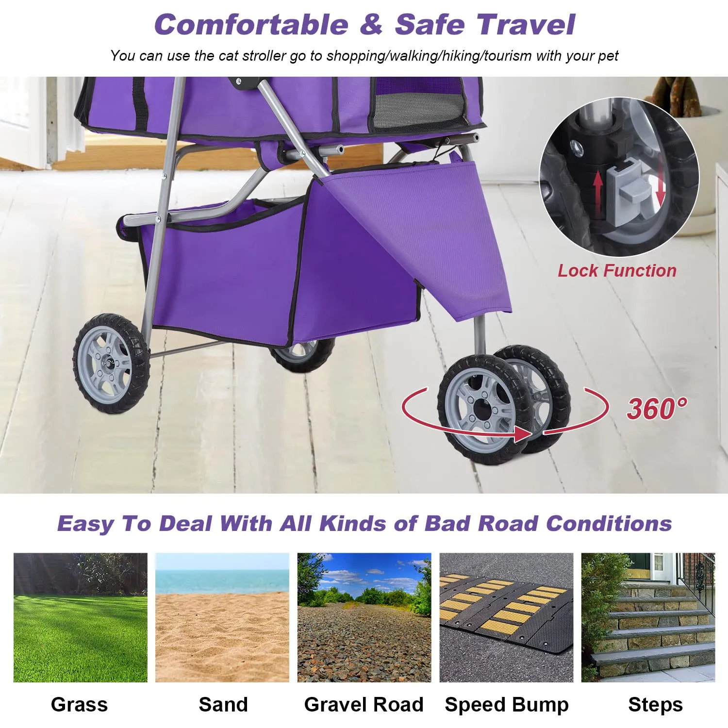 BestPet 3 Wheels Pet Stroller Dog Stroller Cat Cage Jogger Stroller Cats Travel Folding Carrier Waterproof Puppy Stroller with Cup Holder & Removable Liner (Purple)