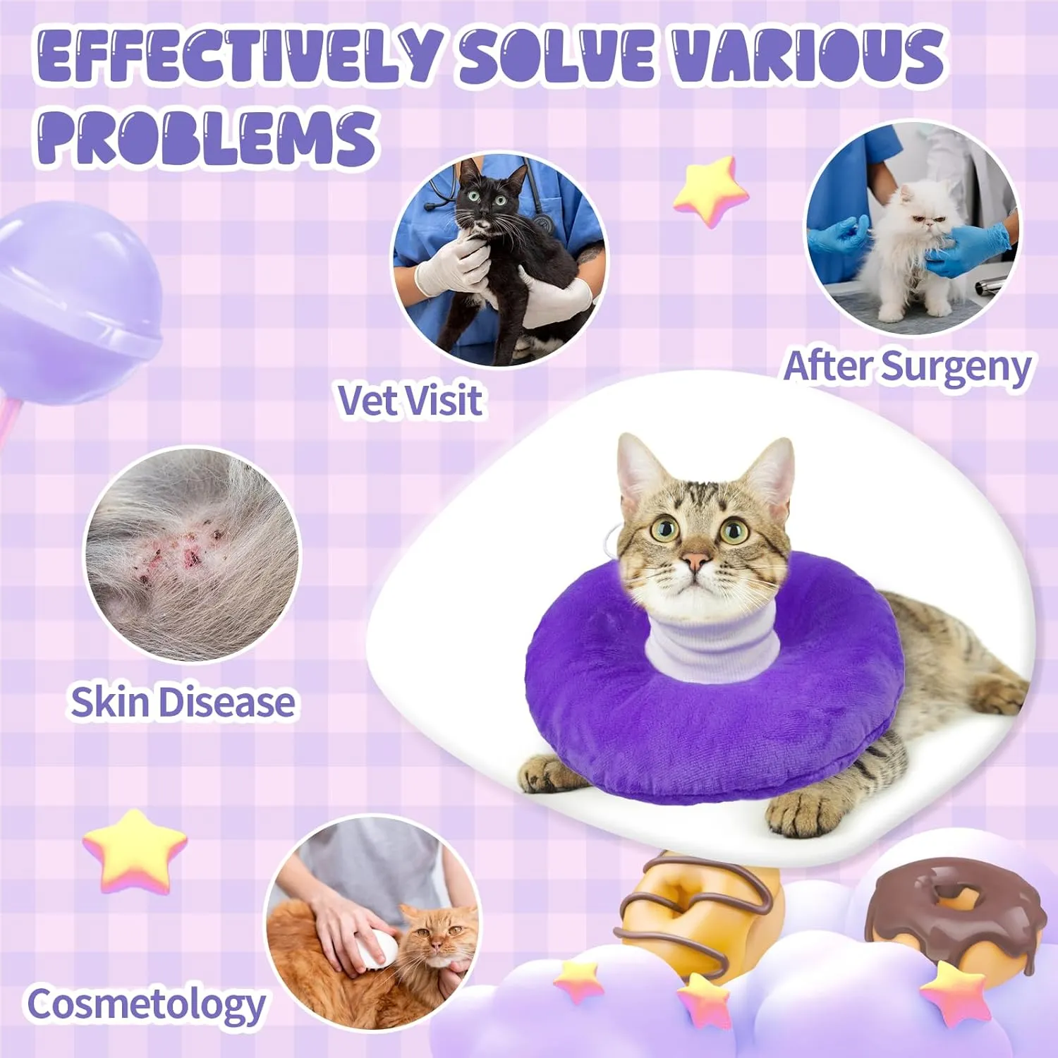 BRKURLEG Cat Recovery Collar Soft Cat Cones Pet Neck Protector Adjustable Kitten Cones to Stop Licking After Surgery Pet Elizabethan Collar for Cats Kittens, Purple, L