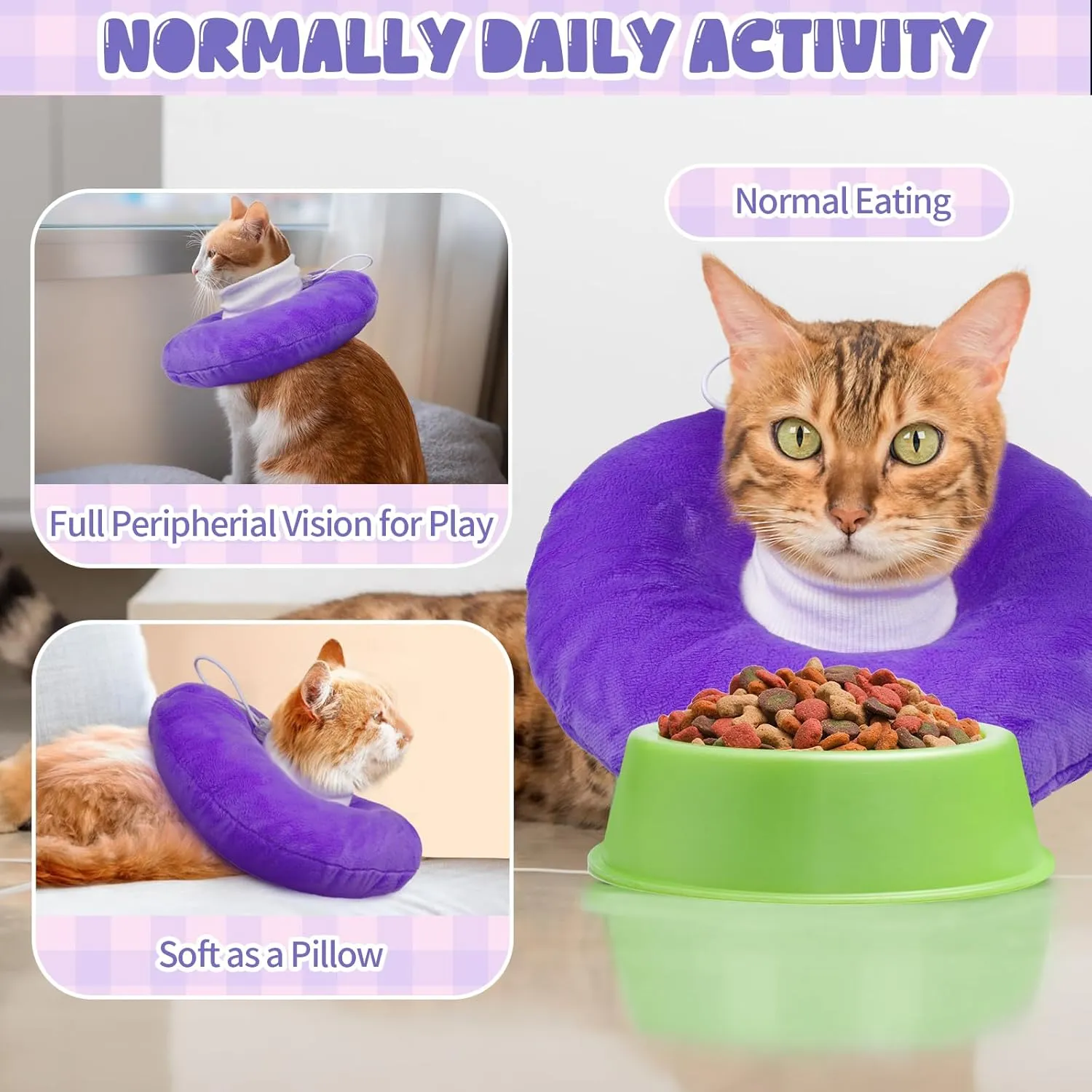 BRKURLEG Cat Recovery Collar Soft Cat Cones Pet Neck Protector Adjustable Kitten Cones to Stop Licking After Surgery Pet Elizabethan Collar for Cats Kittens, Purple, L