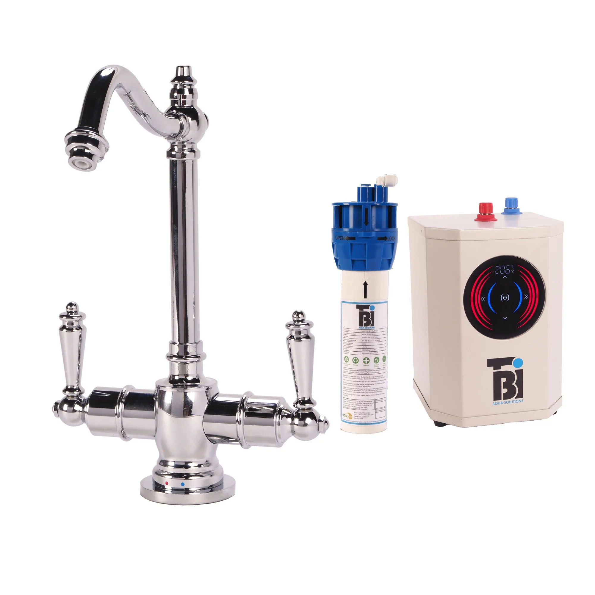 BTI HTF-HC2100 Traditional Hook Spout Hot/Cold Filtration Faucet w/ Digital Hot Water Tank & Filtration System