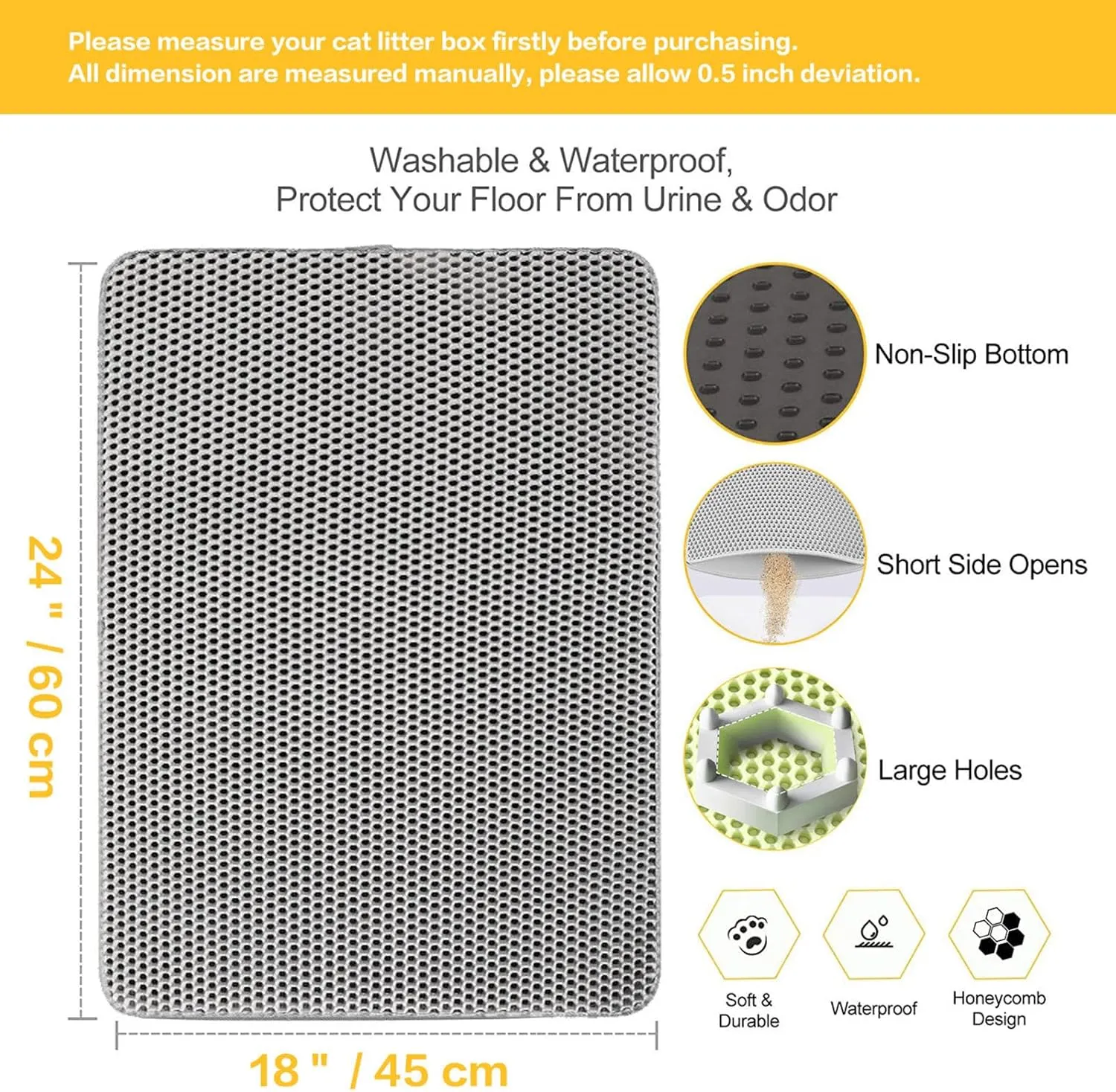 Cat Litter Mat, Honeycomb Double Layer Easy Clean Cat Litter Trap Mat Less Waste,Soft On Paws,Non-Slip, Litterbox Mat,Black-M