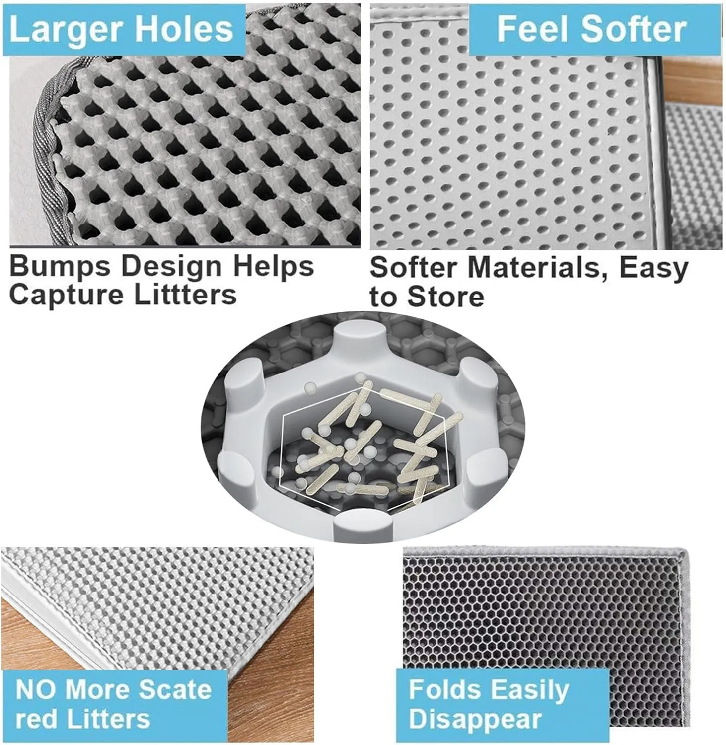Cat Litter Mat, Honeycomb Double Layer Easy Clean Cat Litter Trap Mat Less Waste,Soft On Paws,Non-Slip, Litterbox Mat,Black-M