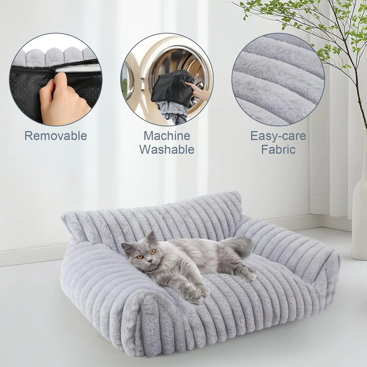 Cute Cat Couch Bed for Indoor Cats, Fluffy Pet Cat Sofa with Premium Soft Corduroy Fleece, Cute Small Dog Beds for Small Dogs, Fuzzy Puppy Chair with Removable Washable Cover (30x20x10,Grey)