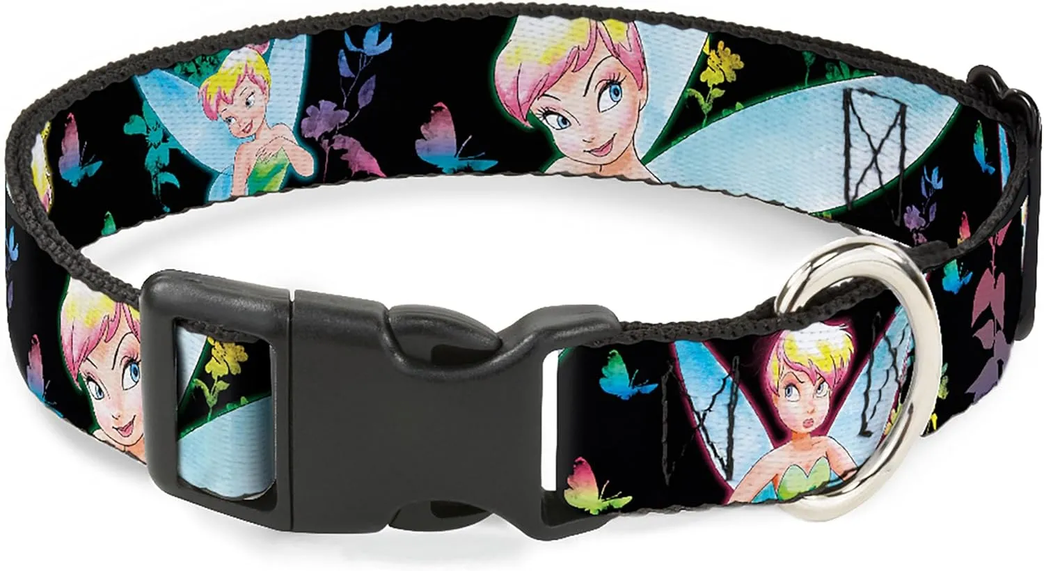 Disney Pet Collar, Dog Collar Plastic Buckle, Glowing Tinker Bell Butterflies Flowers Black Multi Neon, 20 to 31 Inches 1.5 Inch Wide