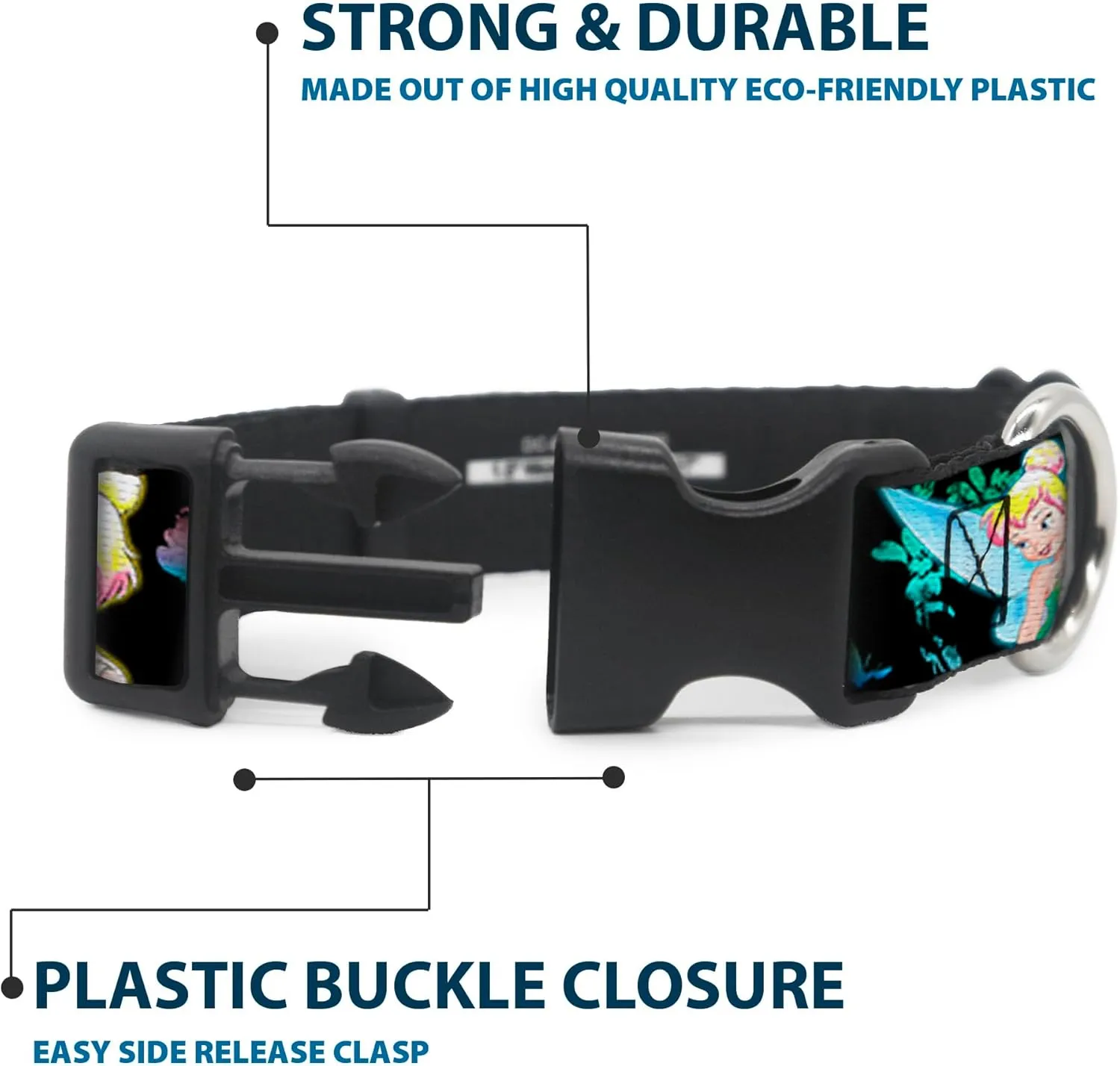 Disney Pet Collar, Dog Collar Plastic Buckle, Glowing Tinker Bell Butterflies Flowers Black Multi Neon, 20 to 31 Inches 1.5 Inch Wide