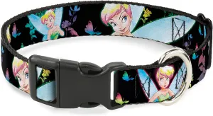 Disney Pet Collar, Dog Collar Plastic Buckle, Glowing Tinker Bell Butterflies Flowers Black Multi Neon, 20 to 31 Inches 1.5 Inch Wide