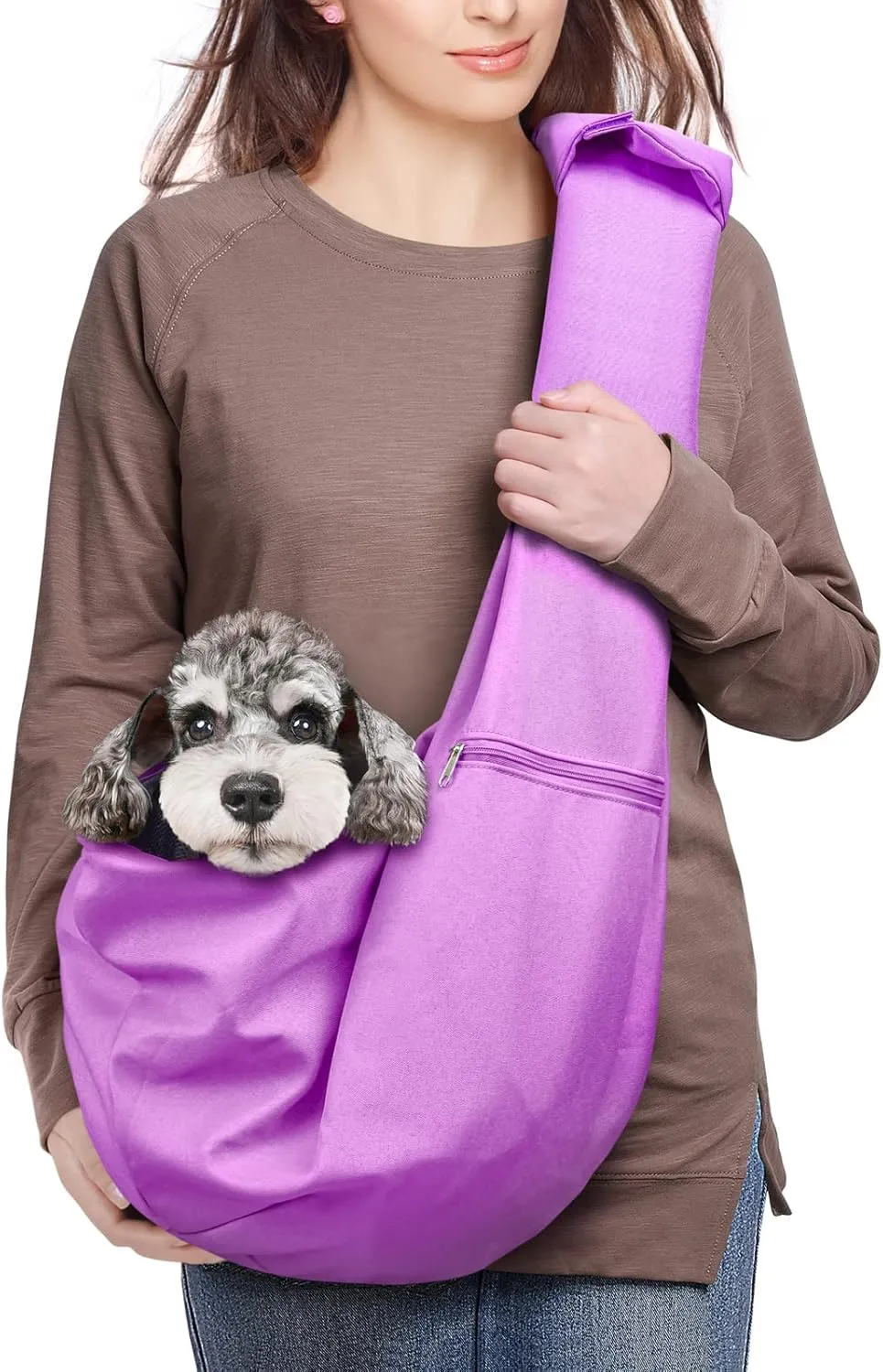 Dog Cat Sling Carrier Adjustable Padded Shoulder Strap with Large Zipper Pocket & Mesh Pocket for Outdoor Travel