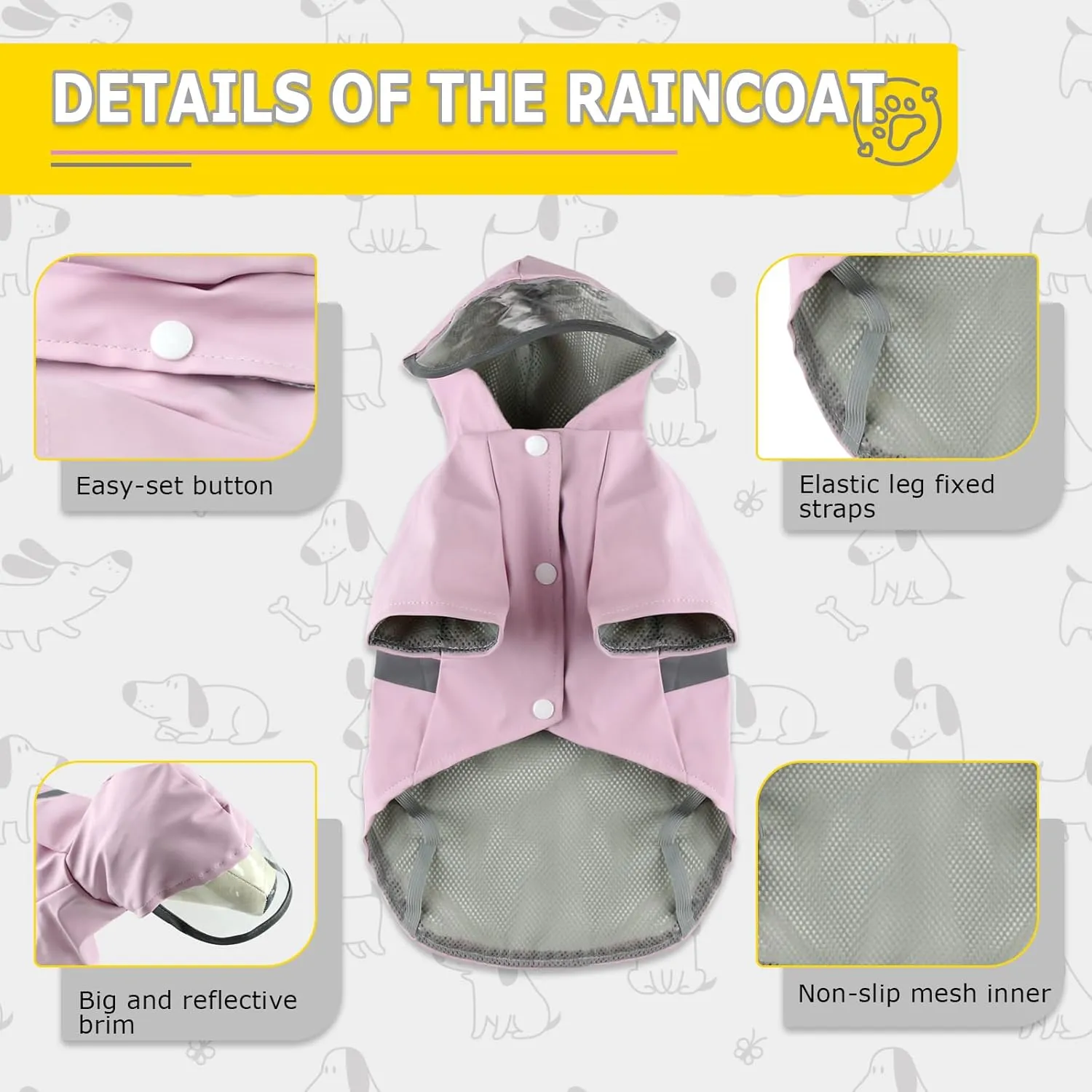 Dog Raincoat, Dog Rain,Water and Snow Proof Jacket with Hood, Leash Hole and Reflective Strap, Lightweight Puppy Clothes, Stylish Streetwear Outfit for Small Medium Dogs (Pink,XL)