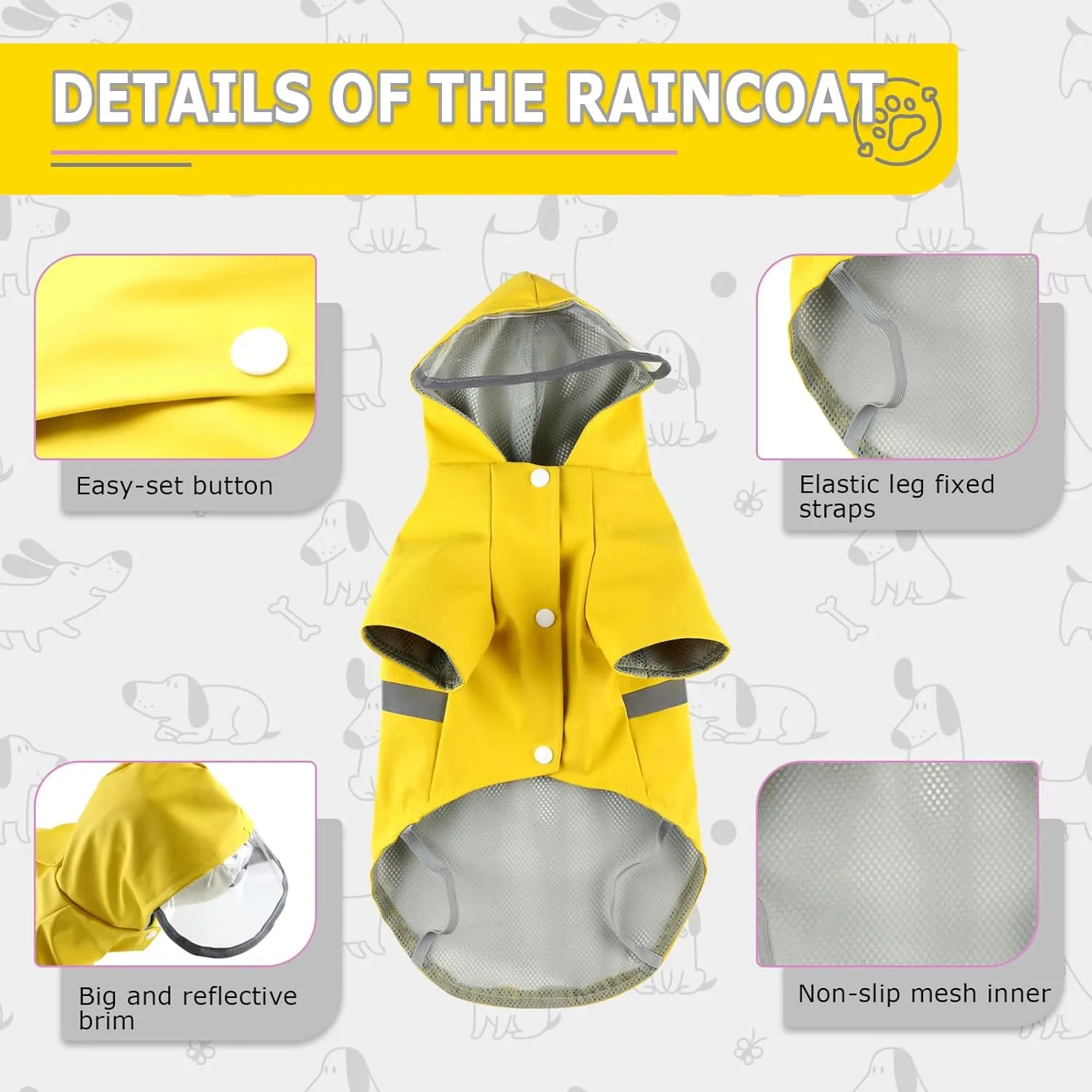 Dog Raincoat, Dog Rain,Water and Snow Proof Jacket with Hood, Leash Hole and Reflective Strap, Lightweight Puppy Clothes, Stylish Streetwear Outfit for Small Medium Dogs (Yellow,XL)