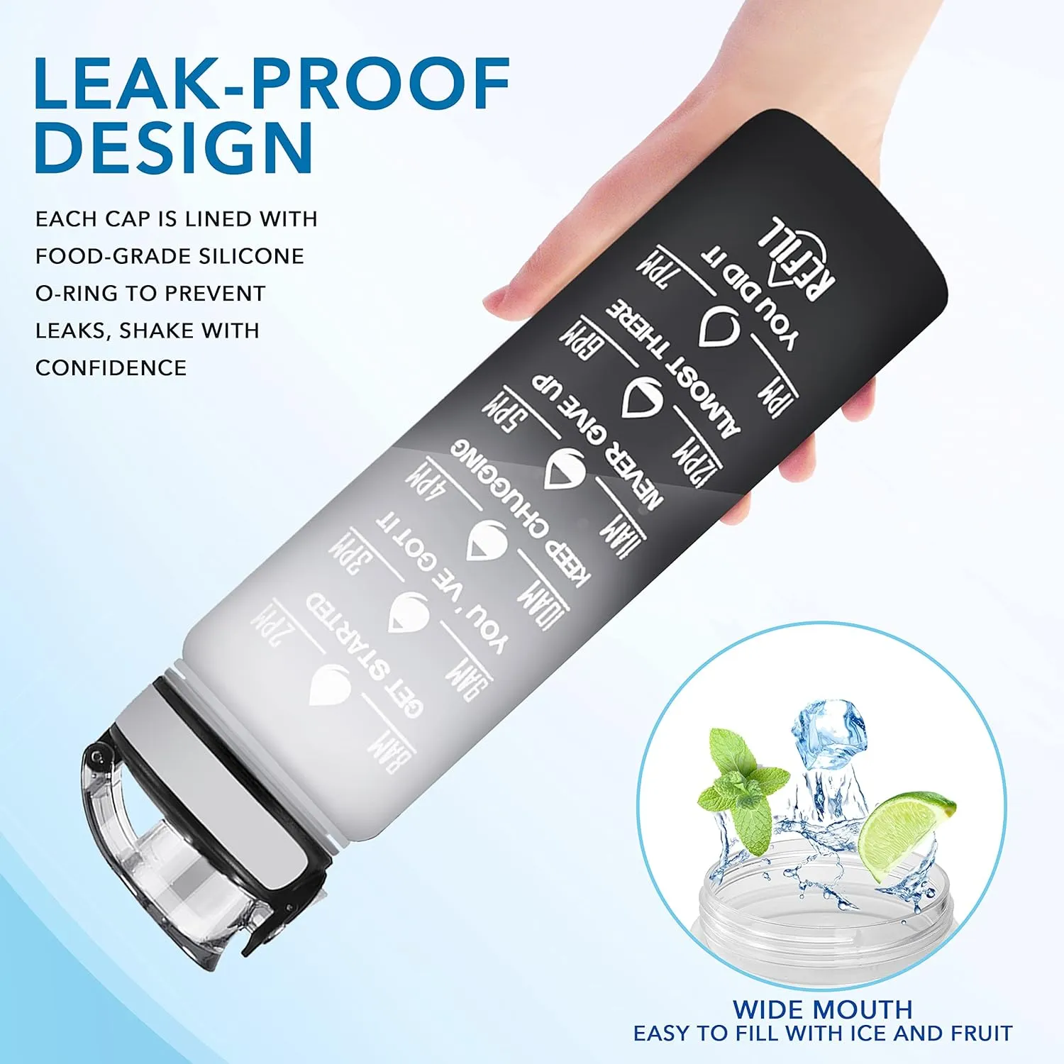 Enerbone Water Bottle, Leakproof BPA & Toxic Free, Motivational Water Bottle with Times to Drink and Straw, Fitness Sports Water Bottle with Strap for Office, Gym, Outdoor Sports