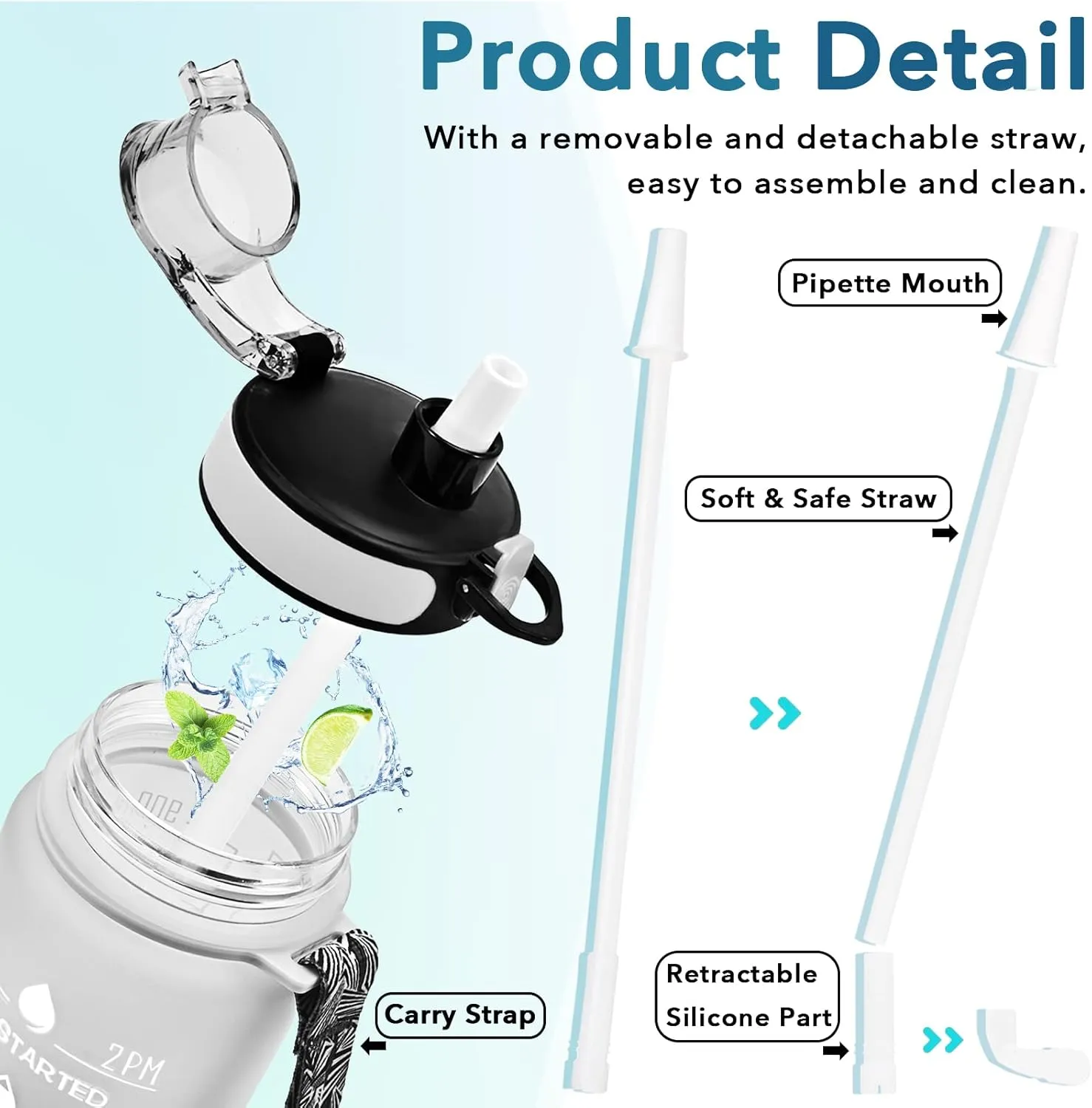 Enerbone Water Bottle, Leakproof BPA & Toxic Free, Motivational Water Bottle with Times to Drink and Straw, Fitness Sports Water Bottle with Strap for Office, Gym, Outdoor Sports