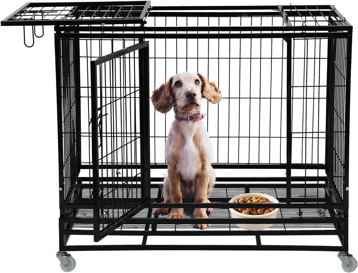 HCY Dog Crate 48 inch Large Dog Cage Heavy Duty Dog Kennel Foldable with Lockable Wheels,Double Doors,Plastic Tray for Small / Large Pets Training Indoor Outdoor-Black DC-4885-Black