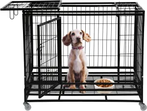 HCY Dog Crate 48 inch Large Dog Cage Heavy Duty Dog Kennel Foldable with Lockable Wheels,Double Doors,Plastic Tray for Small / Large Pets Training Indoor Outdoor-Black DC-4885-Black