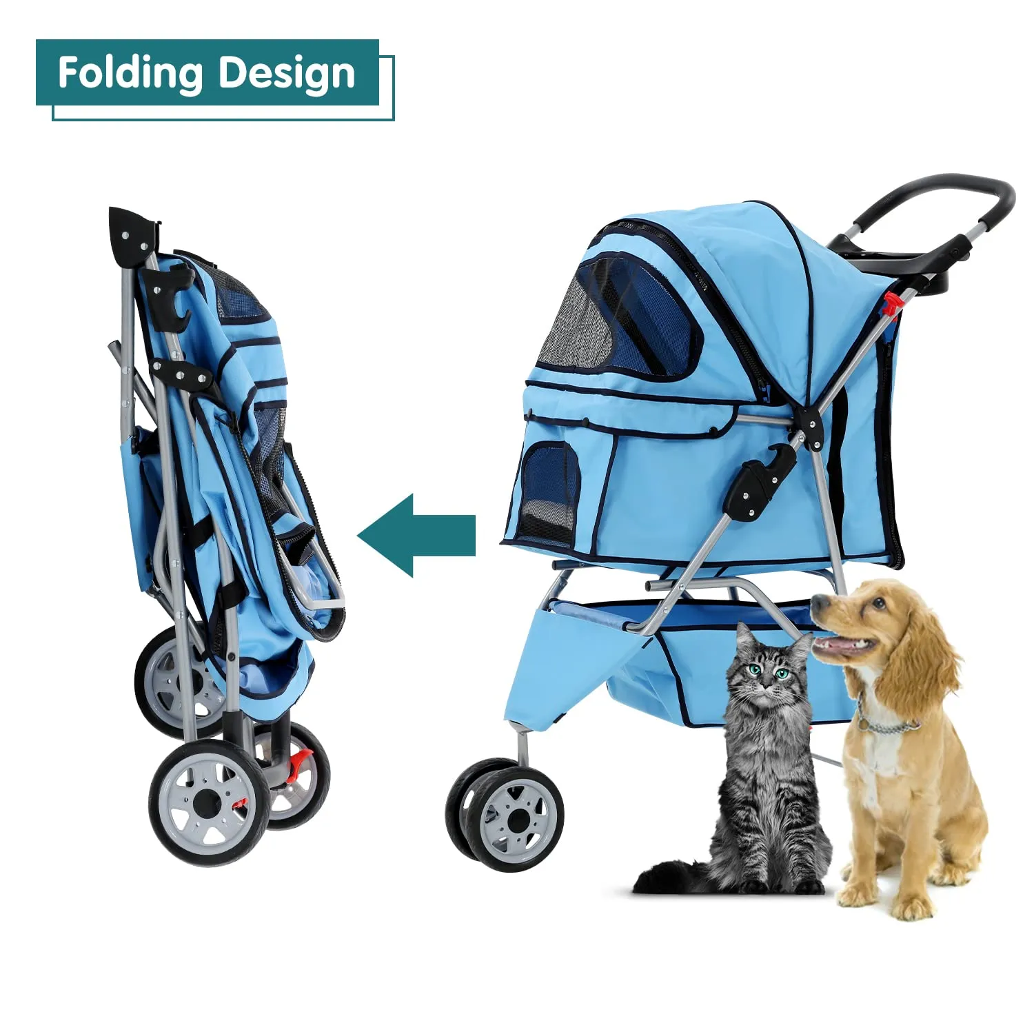 HHS Dog Strollers for Small Dogs Pet Stroller Cat Stroller for 2 Cats 3-Wheel Foldable Traveling Pet Carriage with Cup Holder, Mesh Windows, Removable Liner, Blue, 34In(L) x 17.5In(W) x 39In(H)