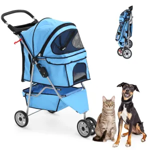 HHS Dog Strollers for Small Dogs Pet Stroller Cat Stroller for 2 Cats 3-Wheel Foldable Traveling Pet Carriage with Cup Holder, Mesh Windows, Removable Liner, Blue, 34In(L) x 17.5In(W) x 39In(H)