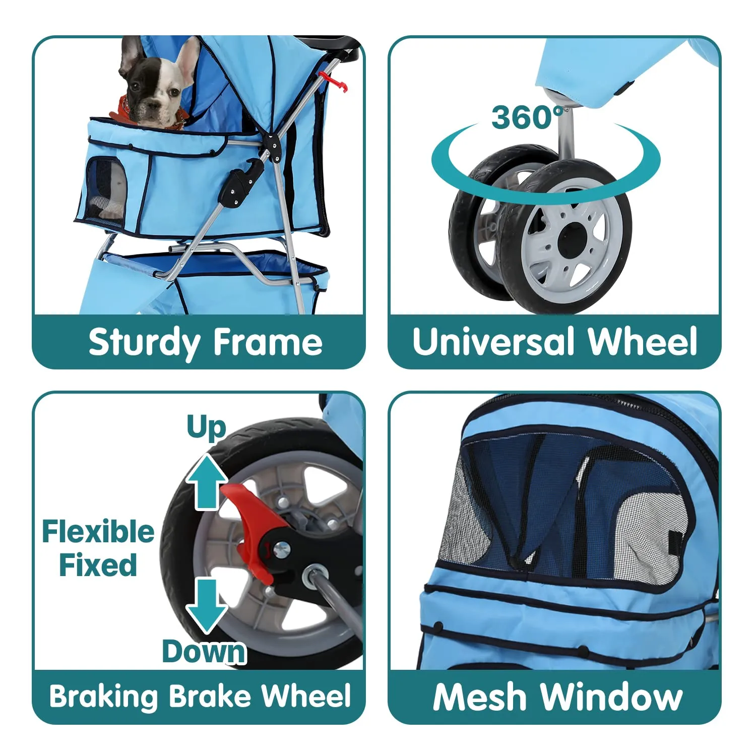 HHS Dog Strollers for Small Dogs Pet Stroller Cat Stroller for 2 Cats 3-Wheel Foldable Traveling Pet Carriage with Cup Holder, Mesh Windows, Removable Liner, Blue, 34In(L) x 17.5In(W) x 39In(H)