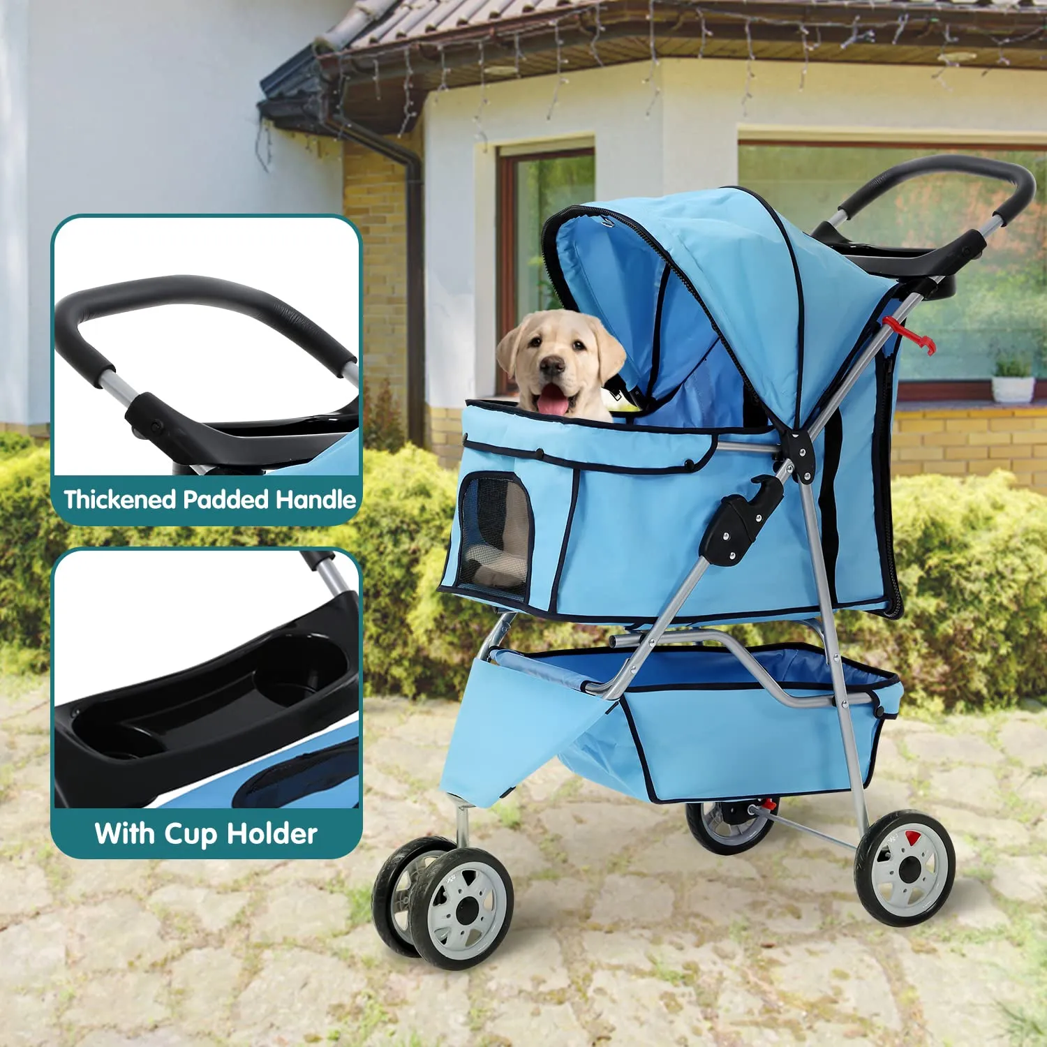 HHS Dog Strollers for Small Dogs Pet Stroller Cat Stroller for 2 Cats 3-Wheel Foldable Traveling Pet Carriage with Cup Holder, Mesh Windows, Removable Liner, Blue, 34In(L) x 17.5In(W) x 39In(H)