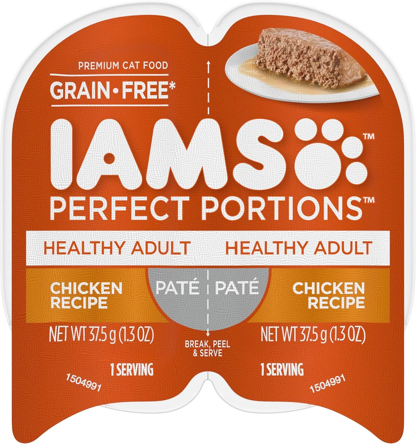IAMS Perfect Portions Healthy Adult Grain Free Wet Cat Food Pat, Chicken Recipe, 2.6 oz. Easy Peel Twin-Pack Trays (24 Count, 48 Servings)
