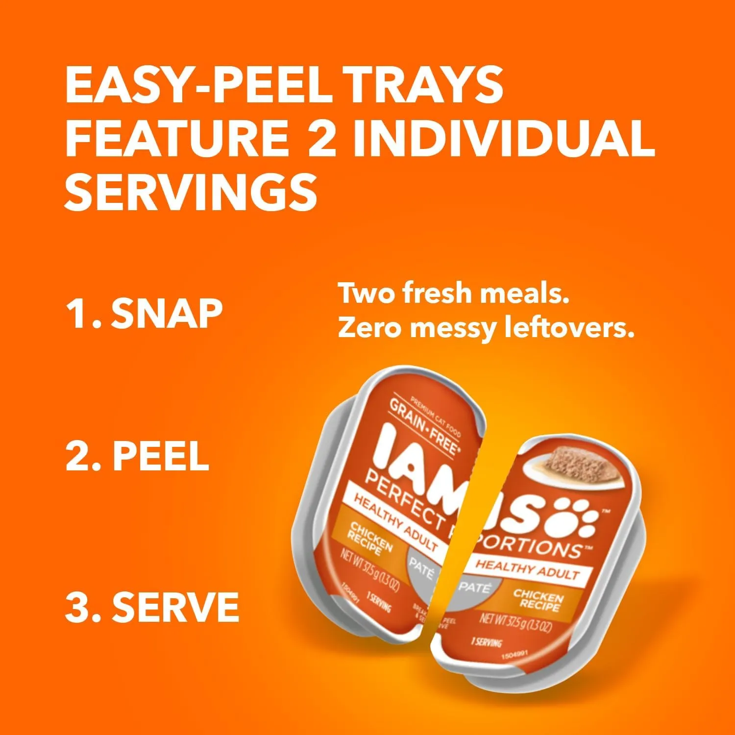 IAMS Perfect Portions Healthy Adult Grain Free Wet Cat Food Pat, Chicken Recipe, 2.6 oz. Easy Peel Twin-Pack Trays (24 Count, 48 Servings)