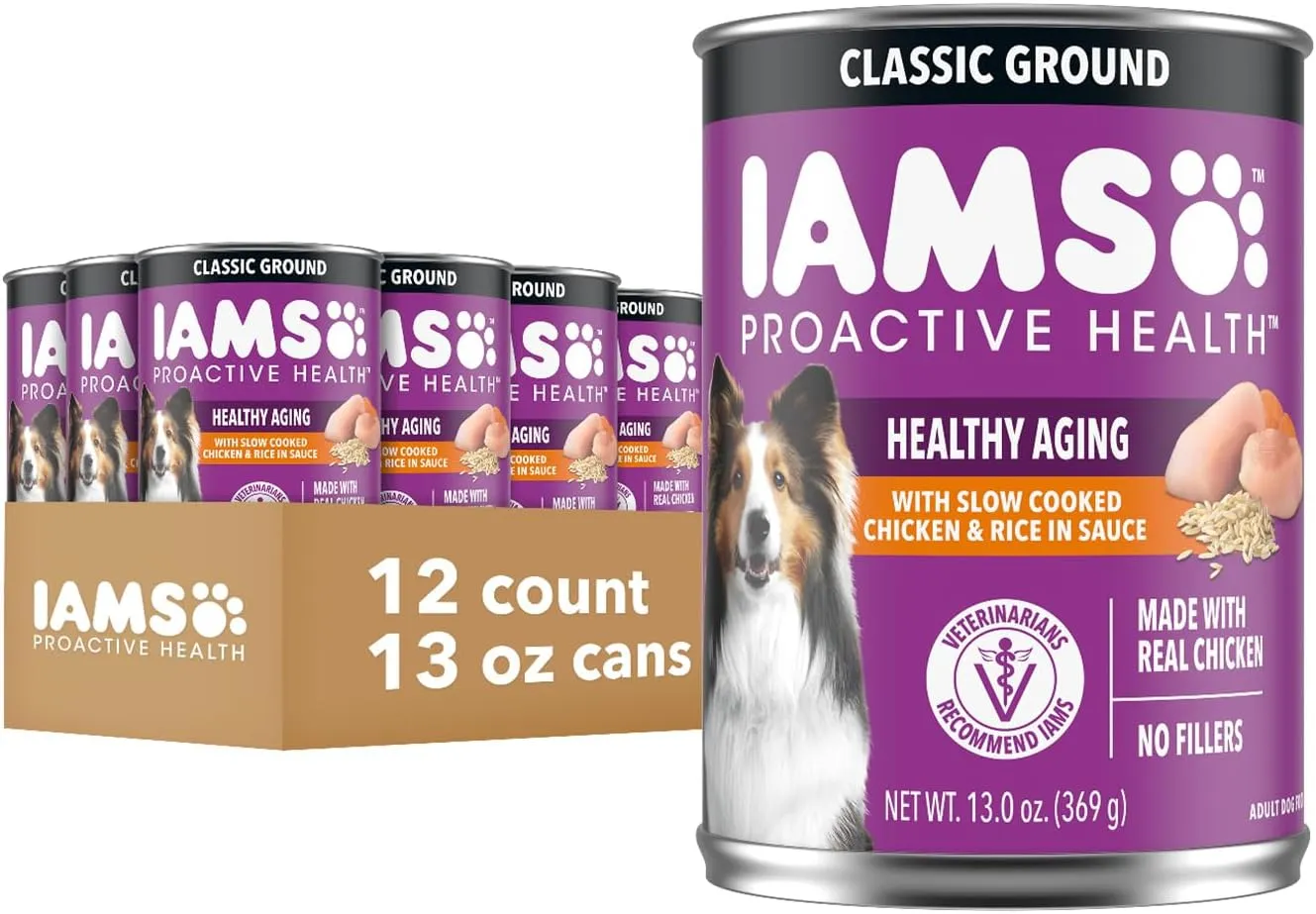 IAMS Proactive Health Healthy Aging Wet Dog Food Classic Ground with Slow Cooked Chicken and Rice, 13 oz. Cans, Pack of 12