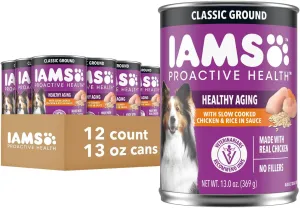 IAMS Proactive Health Healthy Aging Wet Dog Food Classic Ground with Slow Cooked Chicken and Rice, 13 oz. Cans, Pack of 12