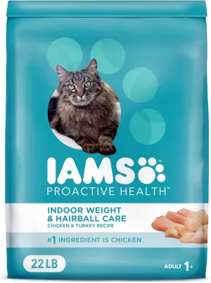 IAMS Proactive Health Indoor Weight Control & Hairball Care Adult Dry Cat Food with Chicken & Turkey, 22 lb. Bag
