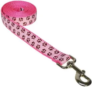Large Pink/Brown Puppy Paws Dog Leash: 1" Wide, 6ft Length - Made in USA.