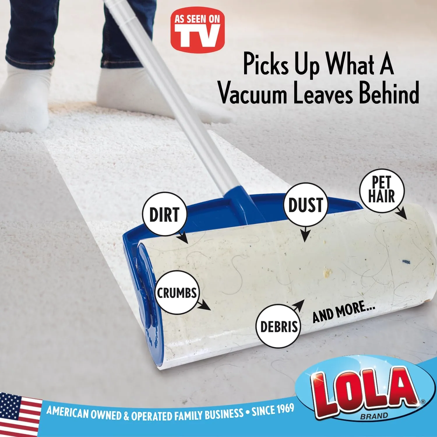Lola Rola Sticky Mop, Giant Floor Lint Roller, 9" W x 3.5" Dia., Best Pet Hair Remover, Traps Dust, Dirt & Hair on Carpet, 30 Large Adhesive Sheets
