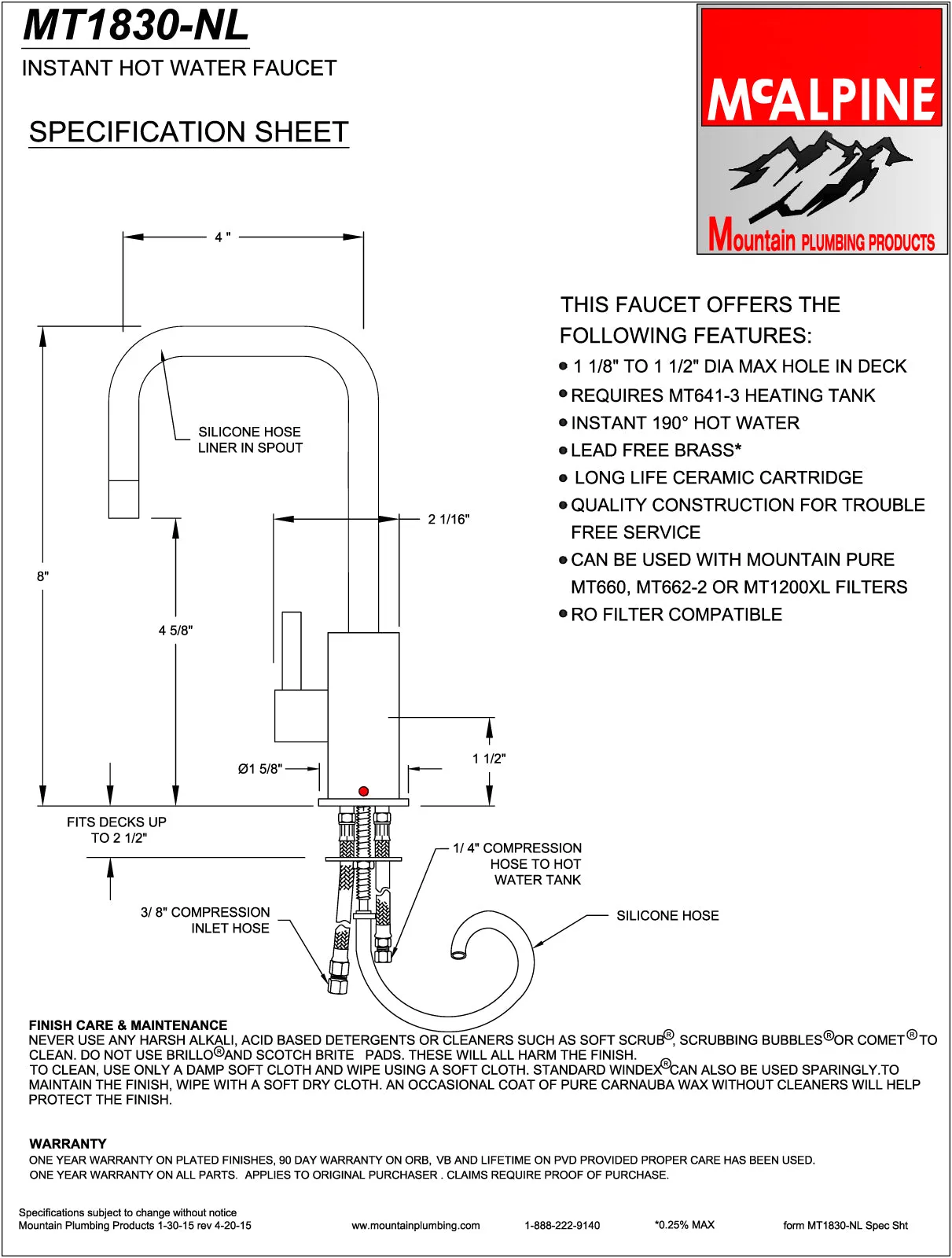 Mountain Plumbing MT1830-NL Francis Anthony Collection Hot Water Faucet w/ Contemporary Round Body & Handle (90° Spout)