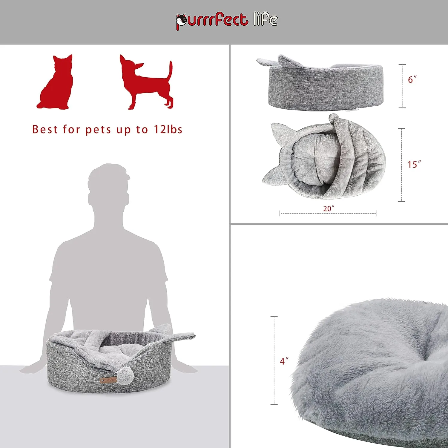 Oval Pet Beds for Cats and Small Dogs, Snuggery Pet Bed with Attached Blanket, Hooded Bolster Bed, Ultra Soft Short Plush, Washable High Resilience PP Cotton, and More (Small, Gray)