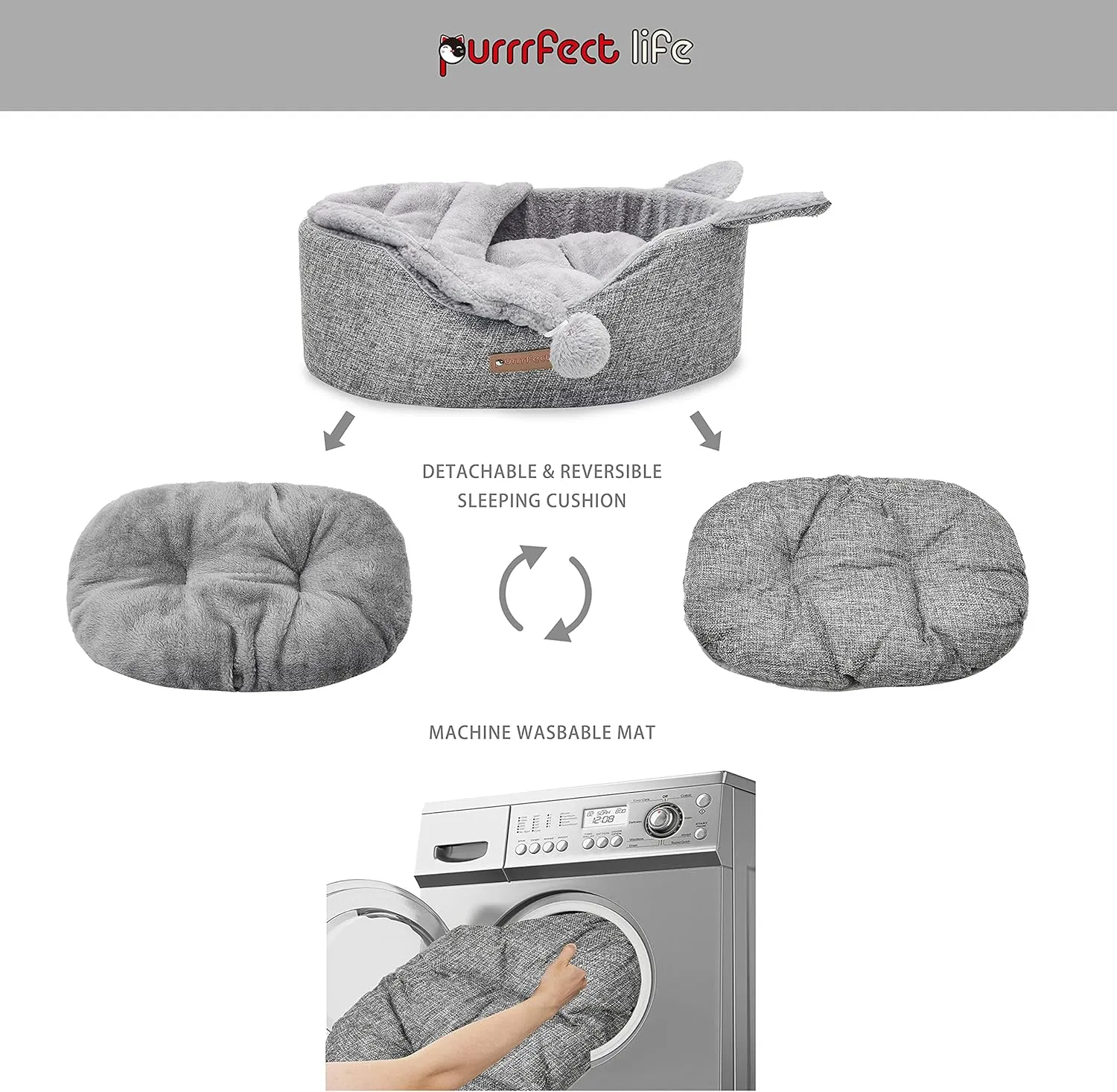 Oval Pet Beds for Cats and Small Dogs, Snuggery Pet Bed with Attached Blanket, Hooded Bolster Bed, Ultra Soft Short Plush, Washable High Resilience PP Cotton, and More (Small, Gray)