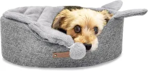 Oval Pet Beds for Cats and Small Dogs, Snuggery Pet Bed with Attached Blanket, Hooded Bolster Bed, Ultra Soft Short Plush, Washable High Resilience PP Cotton, and More (Small, Gray)