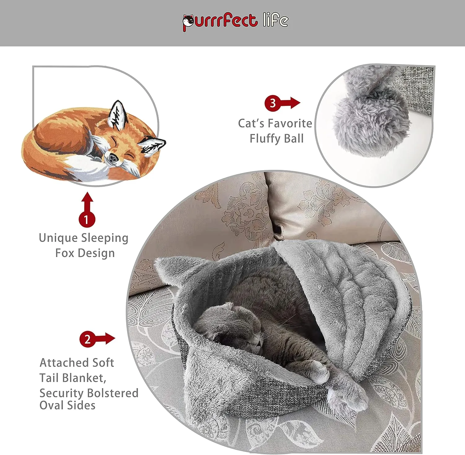 Oval Pet Beds for Cats and Small Dogs, Snuggery Pet Bed with Attached Blanket, Hooded Bolster Bed, Ultra Soft Short Plush, Washable High Resilience PP Cotton, and More (Small, Gray)