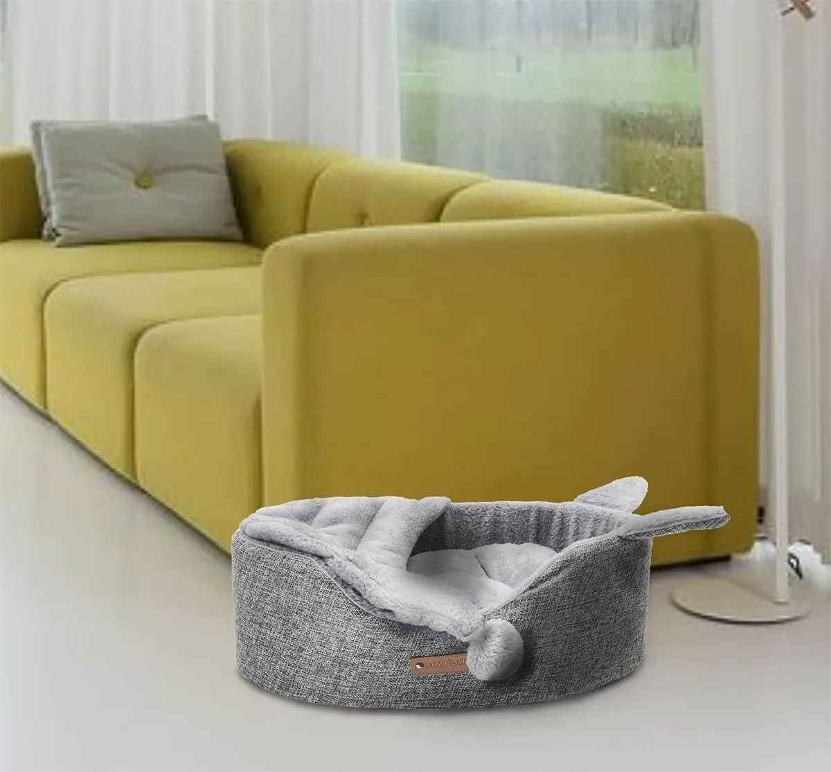 Oval Pet Beds for Cats and Small Dogs, Snuggery Pet Bed with Attached Blanket, Hooded Bolster Bed, Ultra Soft Short Plush, Washable High Resilience PP Cotton, and More (Small, Gray)