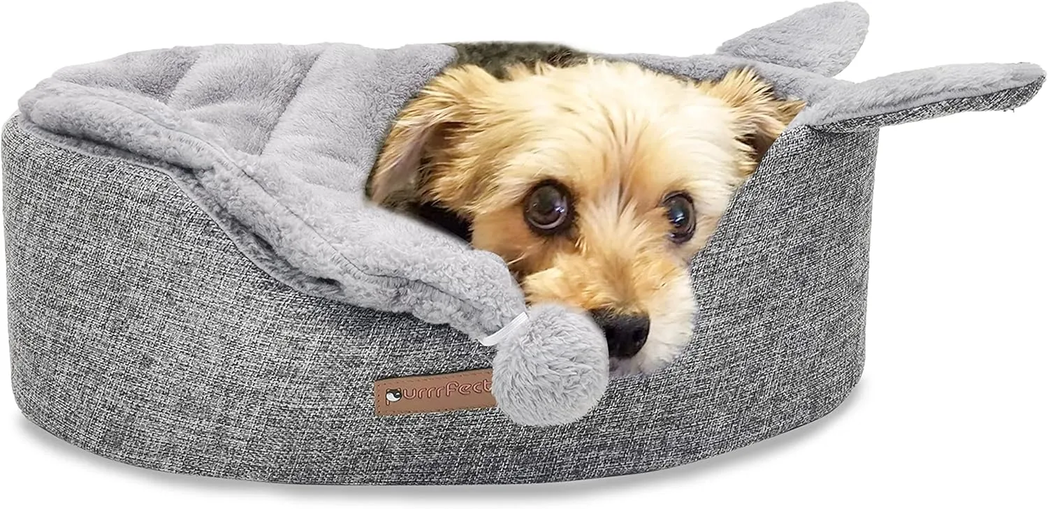 Oval Pet Beds for Cats and Small Dogs, Snuggery Pet Bed with Attached Blanket, Hooded Bolster Bed, Ultra Soft Short Plush, Washable High Resilience PP Cotton, and More (Small, Gray)