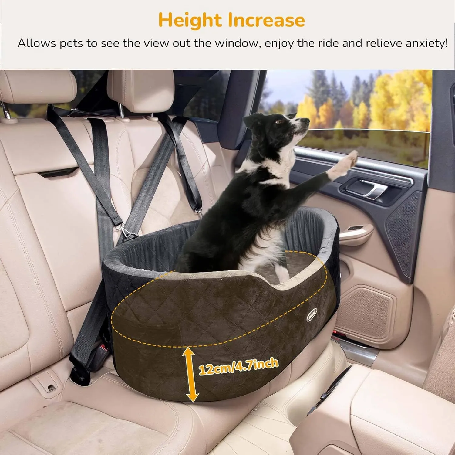 Pecute Dog Car Seat for Medium Back Length Less Than 27inch, Multi-Functional Pet Booster Seat with Waterproof Cushion 4.7inch,Washable 2 Safety Belts Dog Car Sofa Cushion & Bed