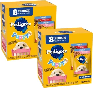 Pedigree Puppy Soft Wet Dog Food, 8-Count Variety Pack, 3.5 oz. Pouches (Pack of 2)