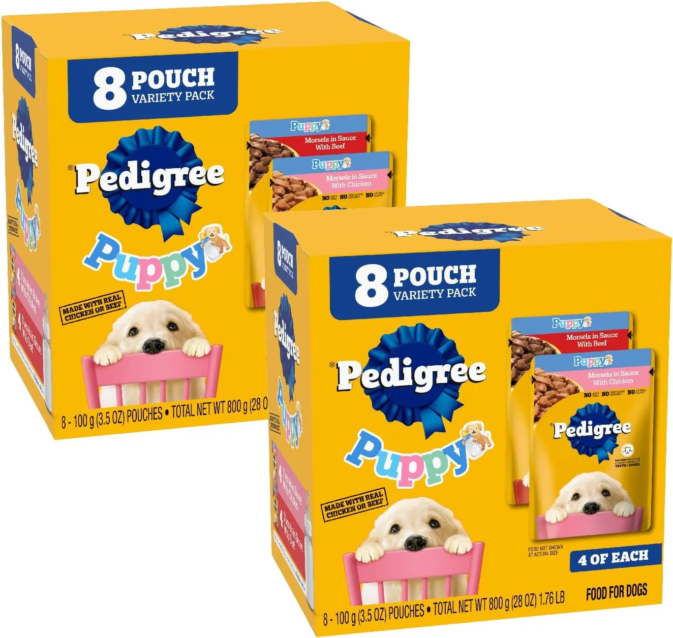 Pedigree Puppy Soft Wet Dog Food, 8-Count Variety Pack, 3.5 oz. Pouches (Pack of 2)