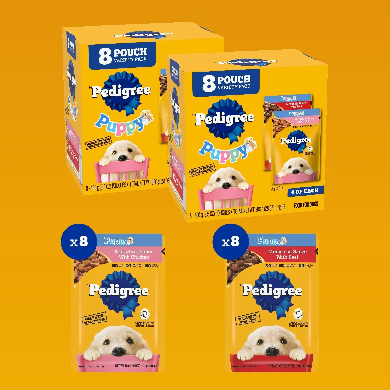 Pedigree Puppy Soft Wet Dog Food, 8-Count Variety Pack, 3.5 oz. Pouches (Pack of 2)