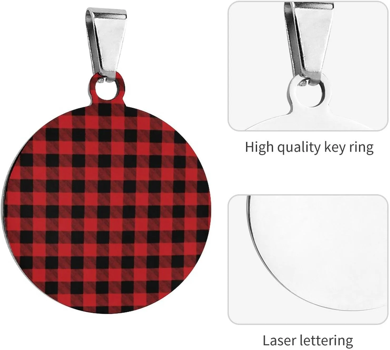 Red Buffalo Plaid Stainless Steel Pet ID Tags Personalized Dog and Cat Tags Cute Collar Tags Circular